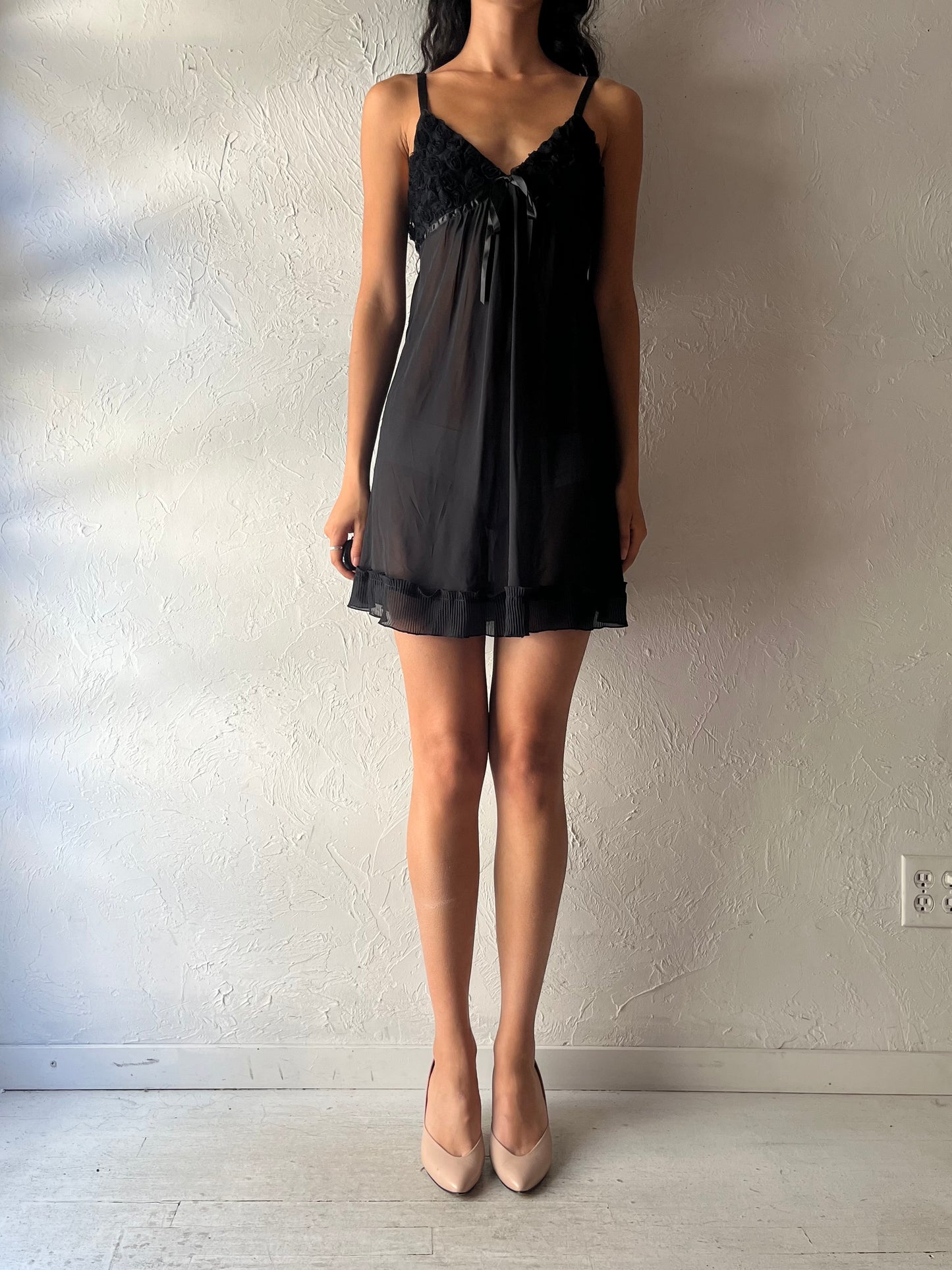 Y2k 'Oscar de la Renta' Black Shear Romanic Slip Mini Dress / Small