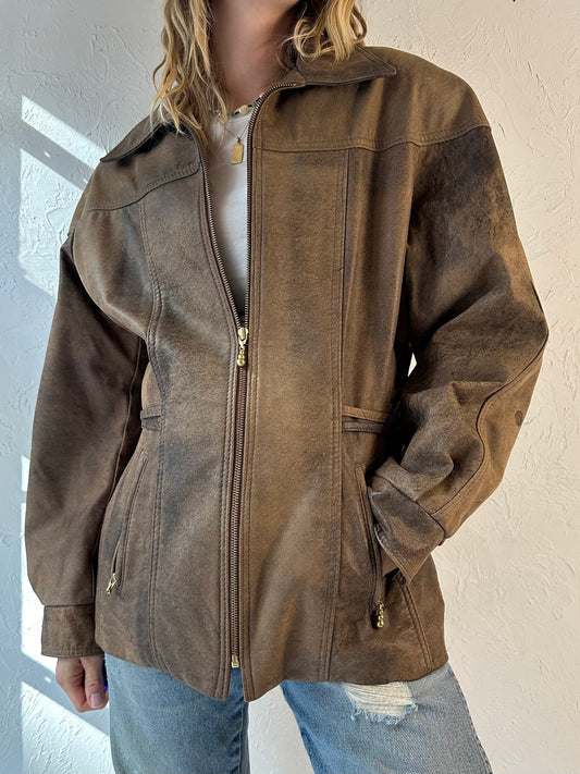 90s 'Leather Ranch' Brown Leather Jacket / Medium