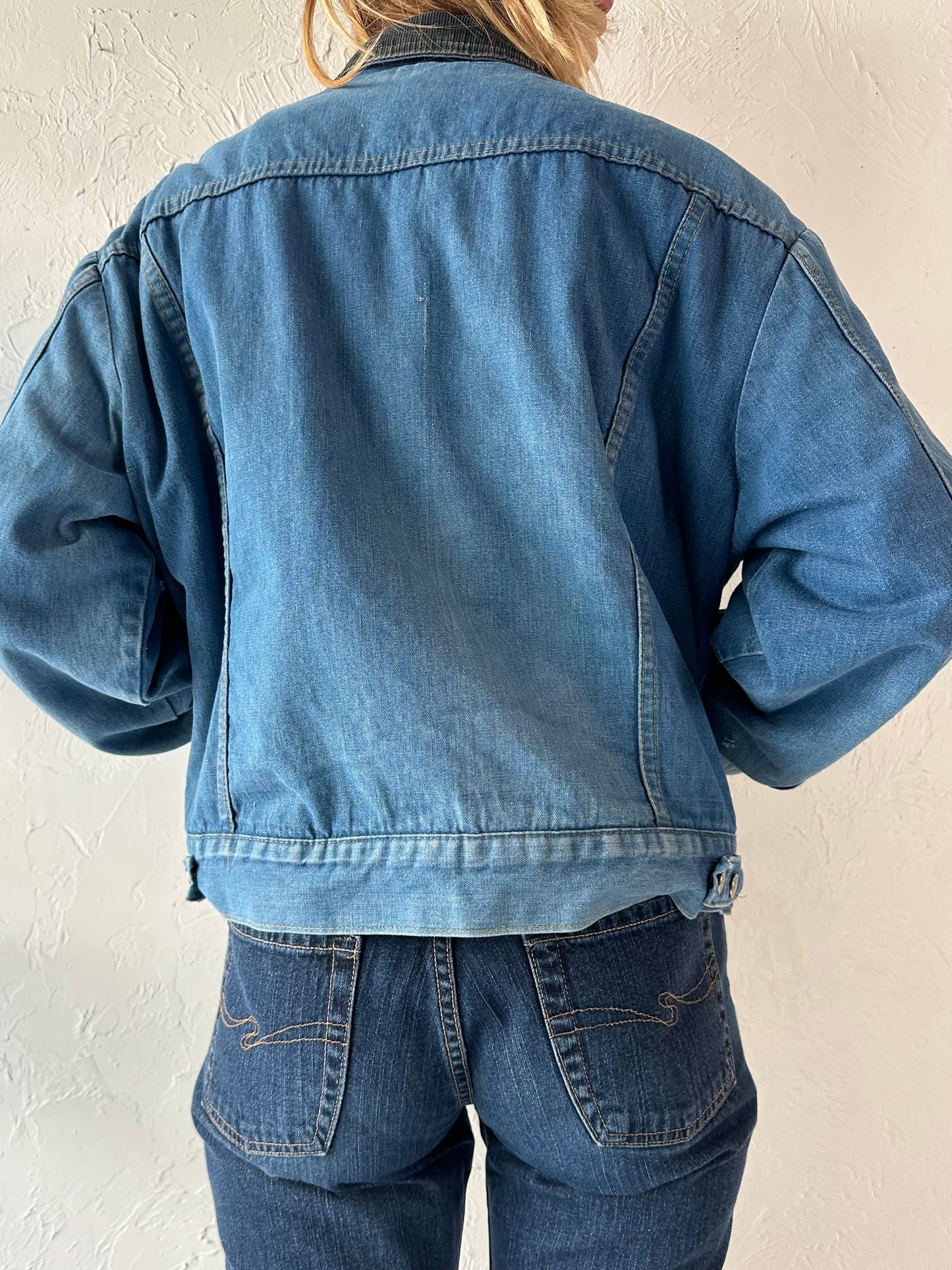 90s 'Ely' Faux Fur Cropped Denim Jacket / Large