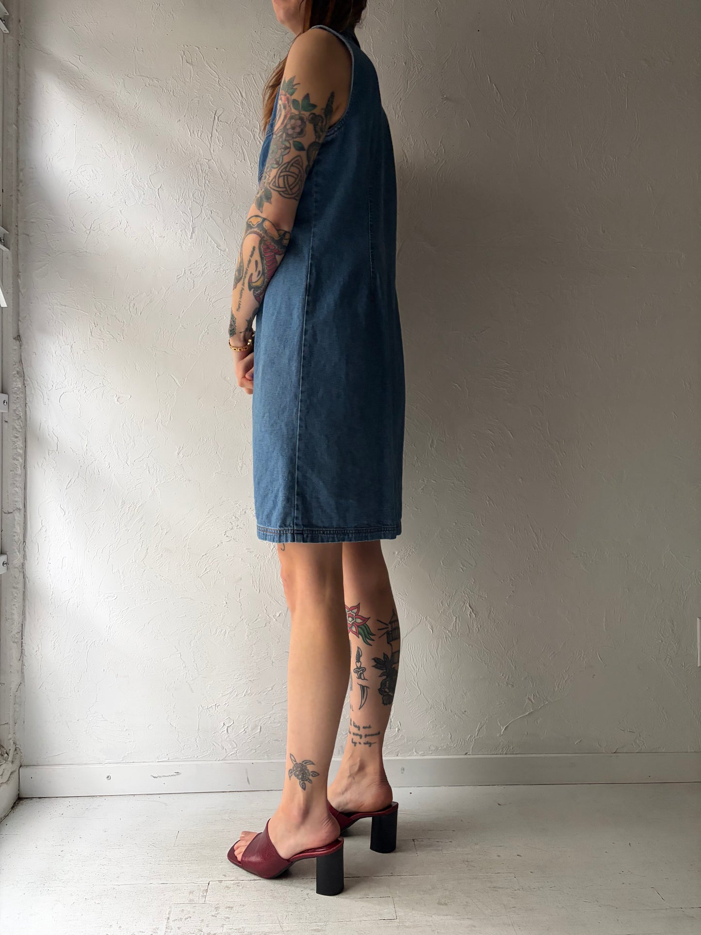 90s 'Woodpecker' Denim Western Button Up Mini Dress / Vintage 1990s Cowboy Summer Dress / Small