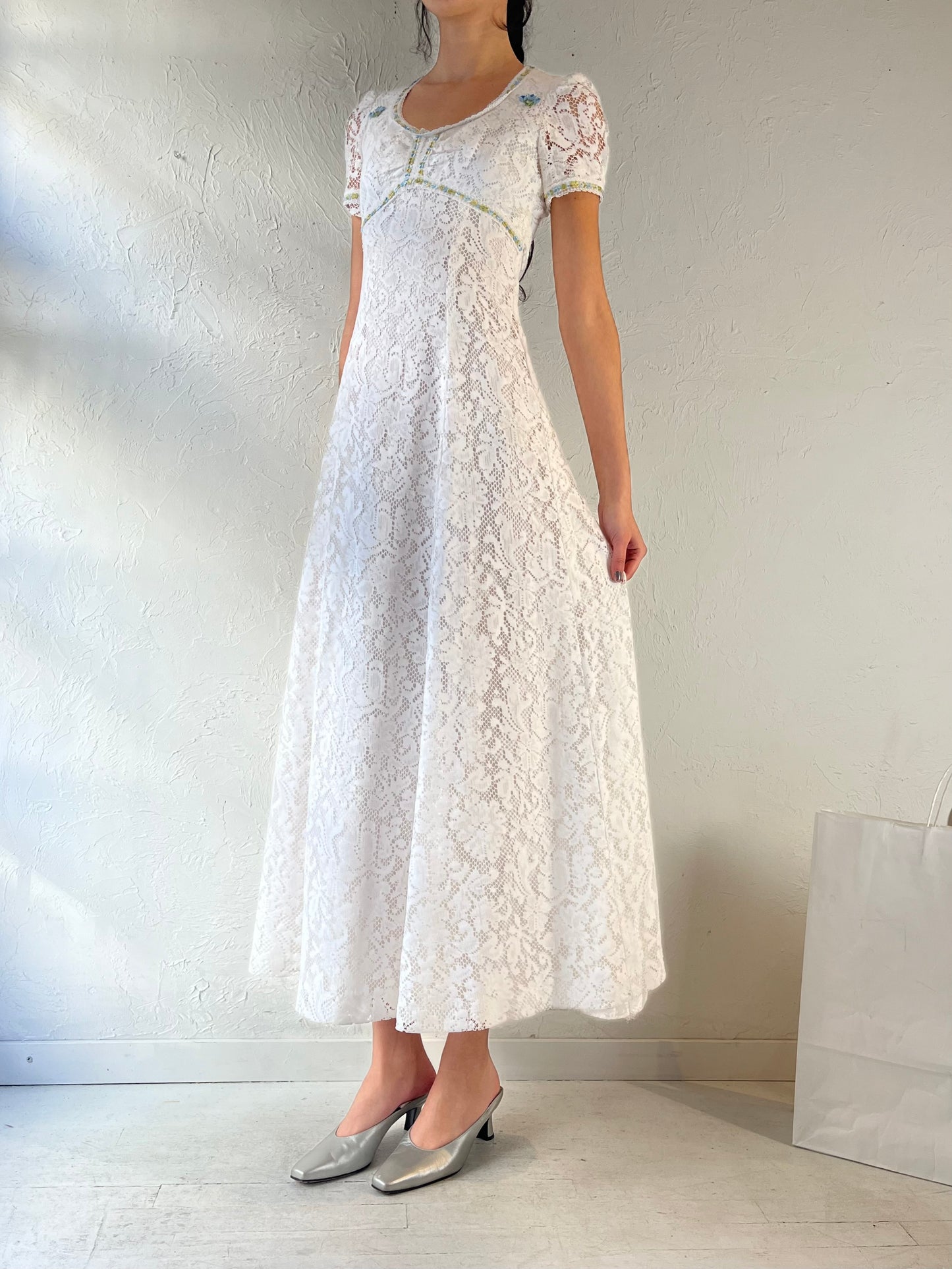 80s Peasant Style Lace Hippie Long Dress / XS