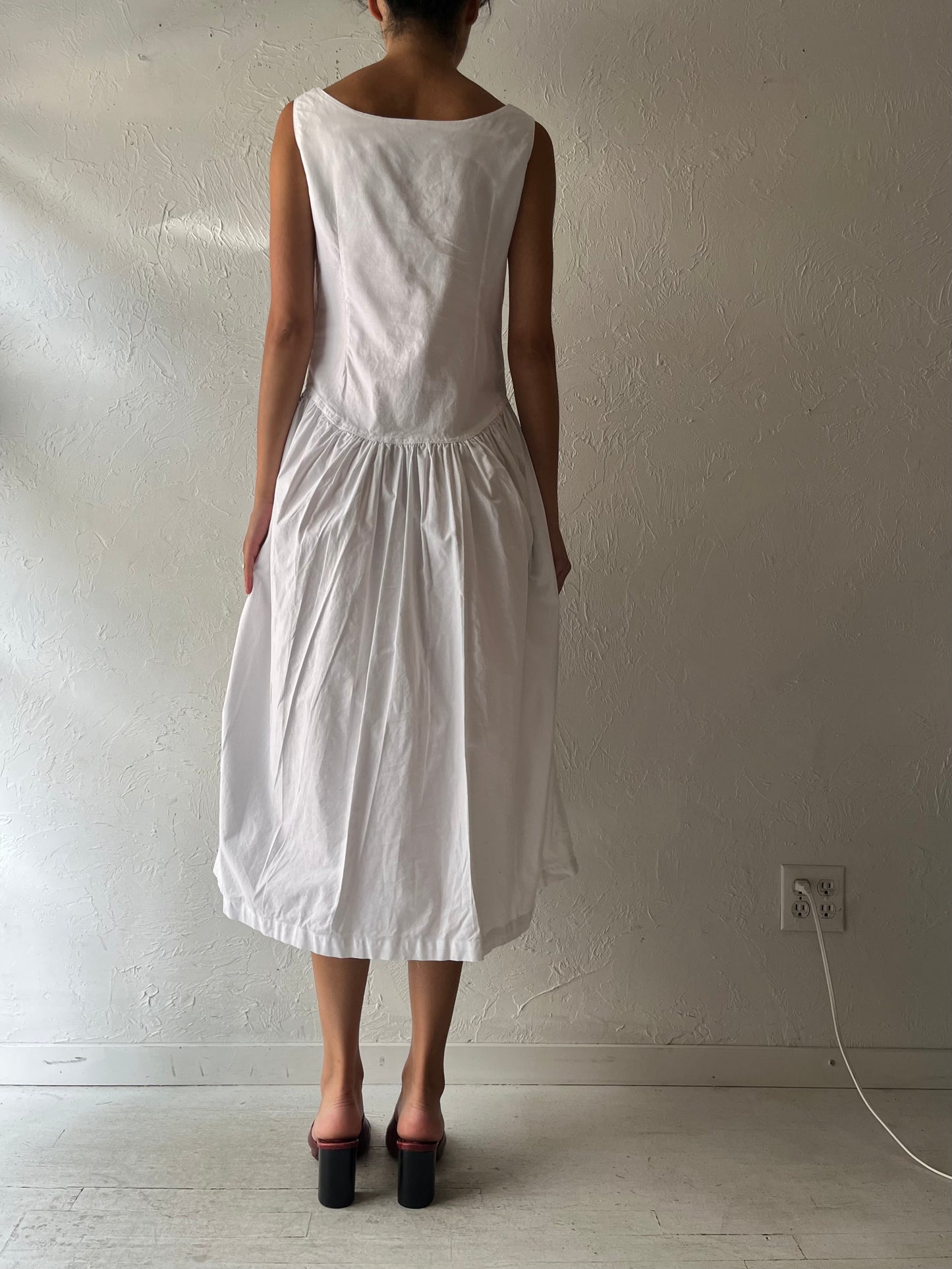 90s 'Auoca' White Cotton Midi Dress / Medium