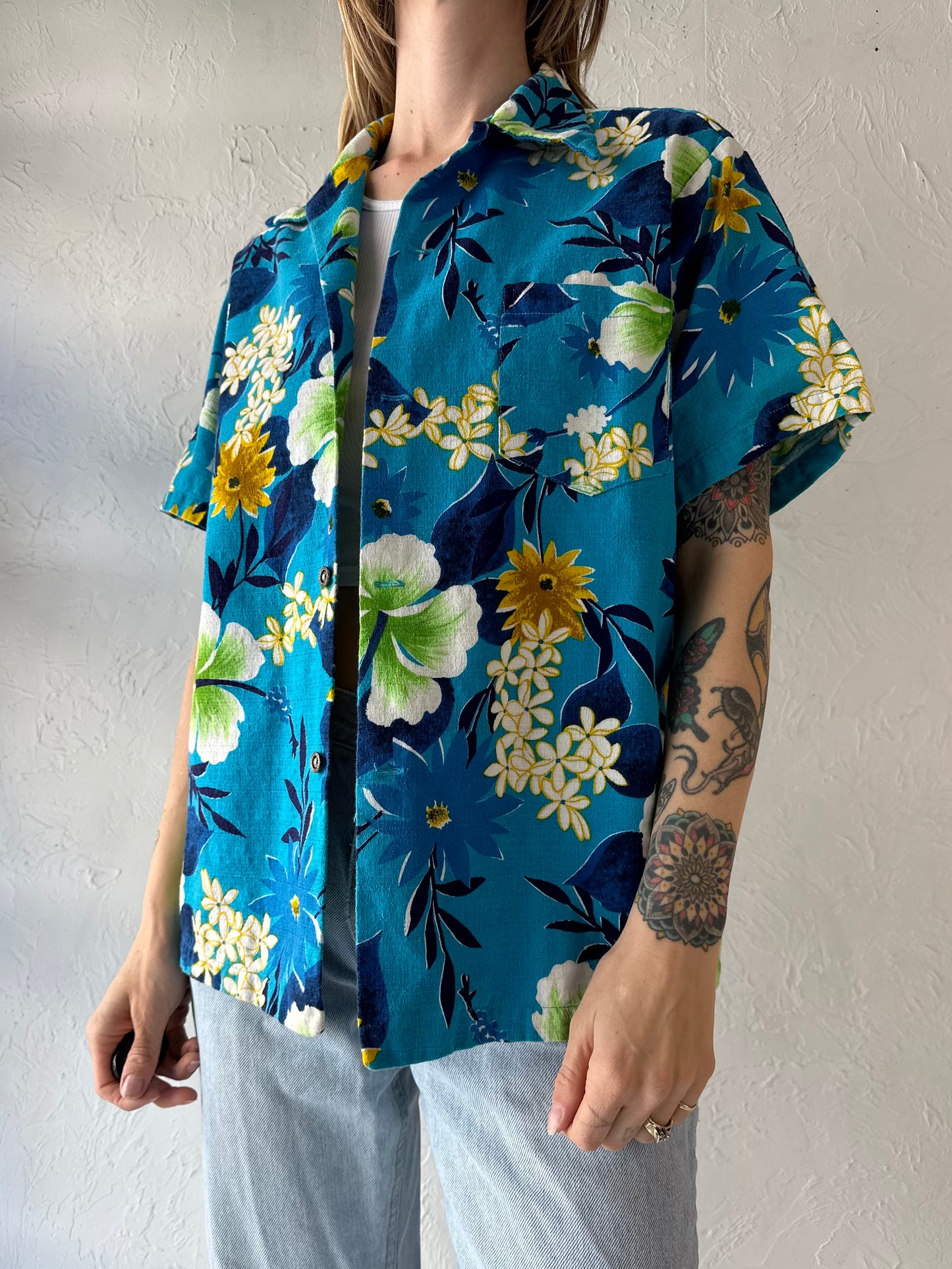 70s Blue Cotton Hawaiian Shirt / Medium