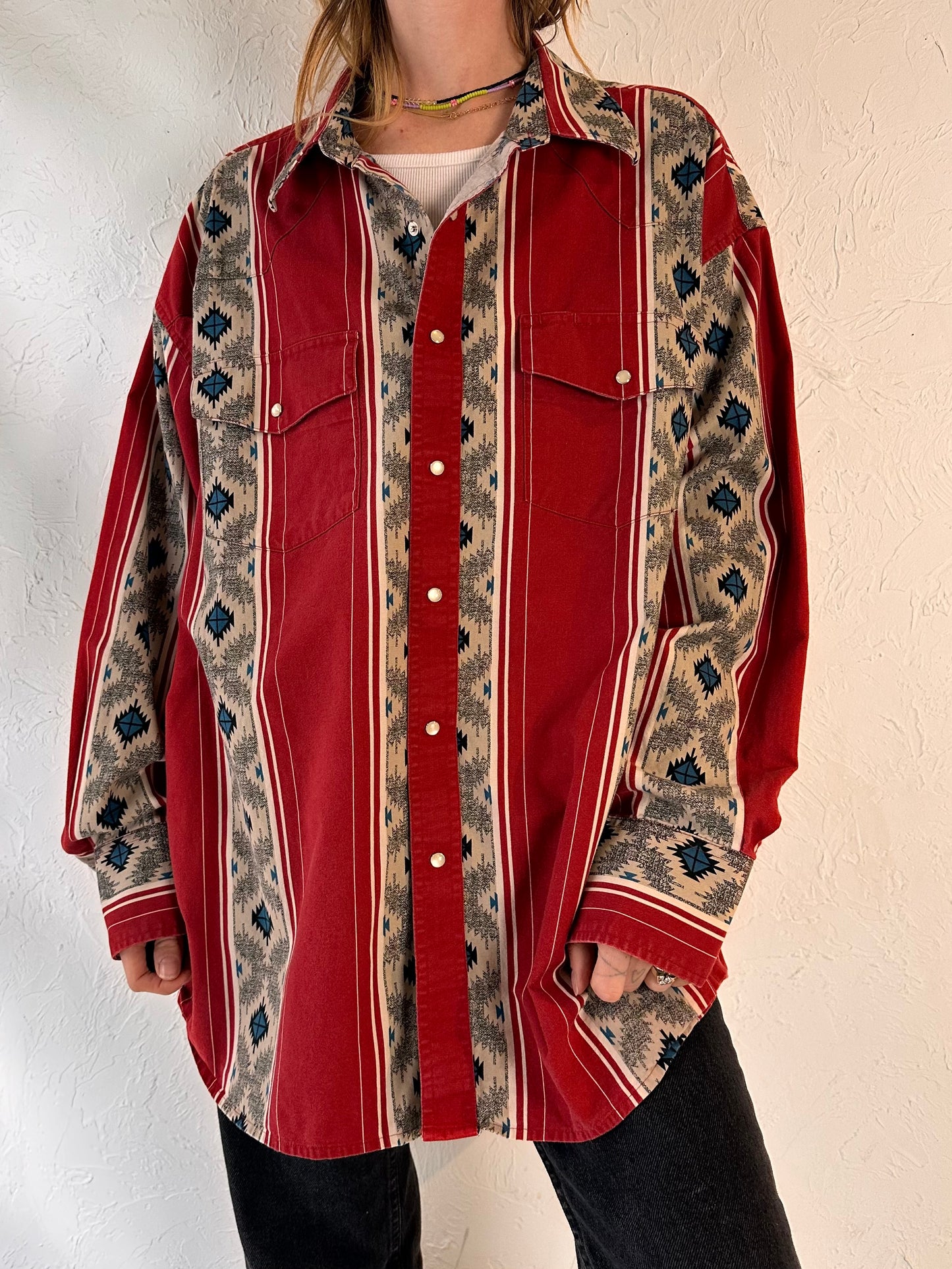 90s 'Wrangler' Aztec Western Pearl Snap Shirt / XXL