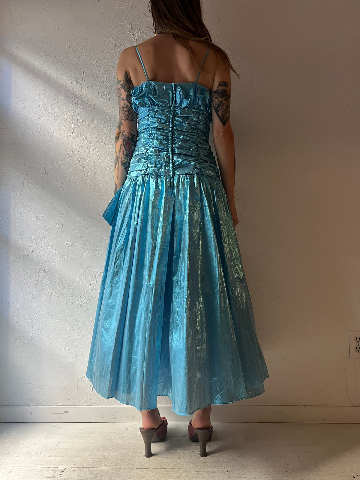 80s 'Candi Jones' Blue Metalic Formal Retro Prom Dress / Medium