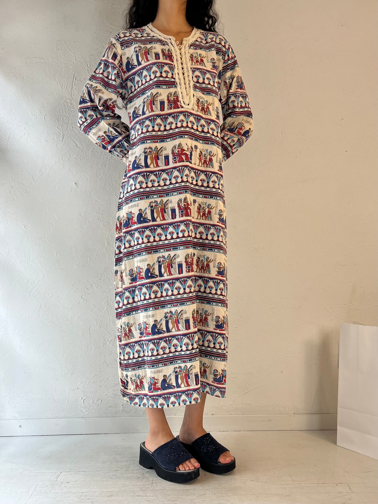 Vintage Handmade Egyptian Patterned Kaftan Dress / Medium