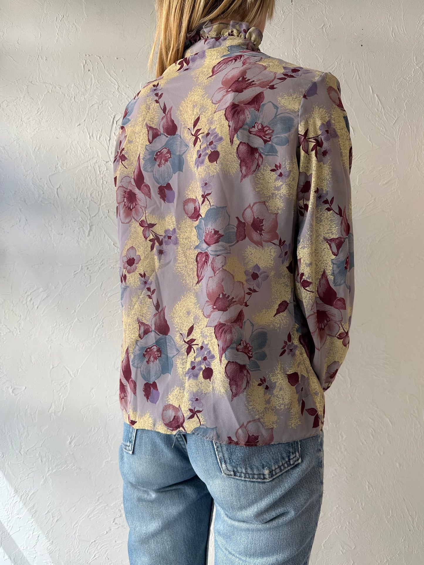 70s 'Freedom' Purple Floral Blouse / Large