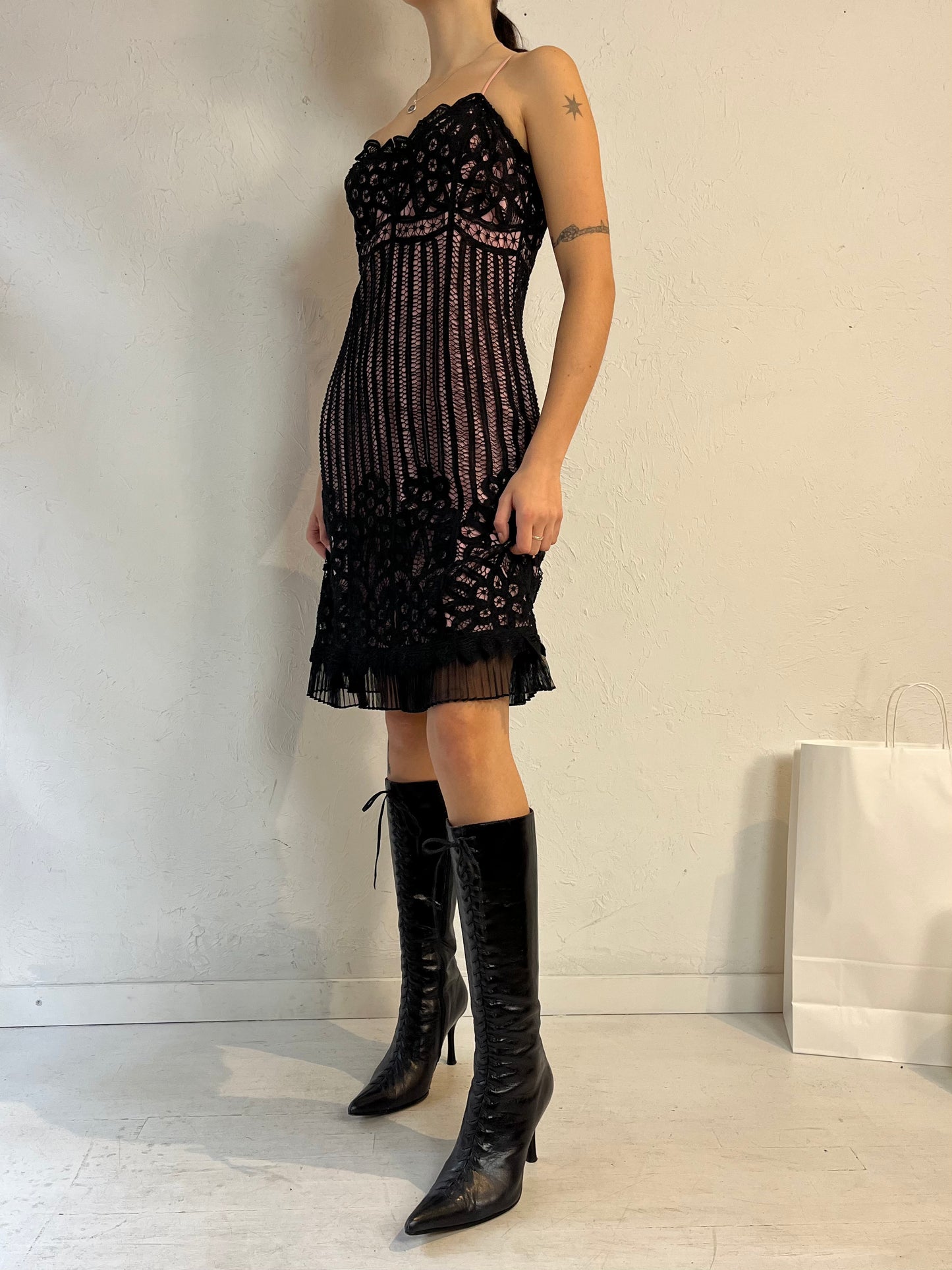 Y2k 'Betsey Johnson' Pink and Black Lacey Dress / Small - Medium