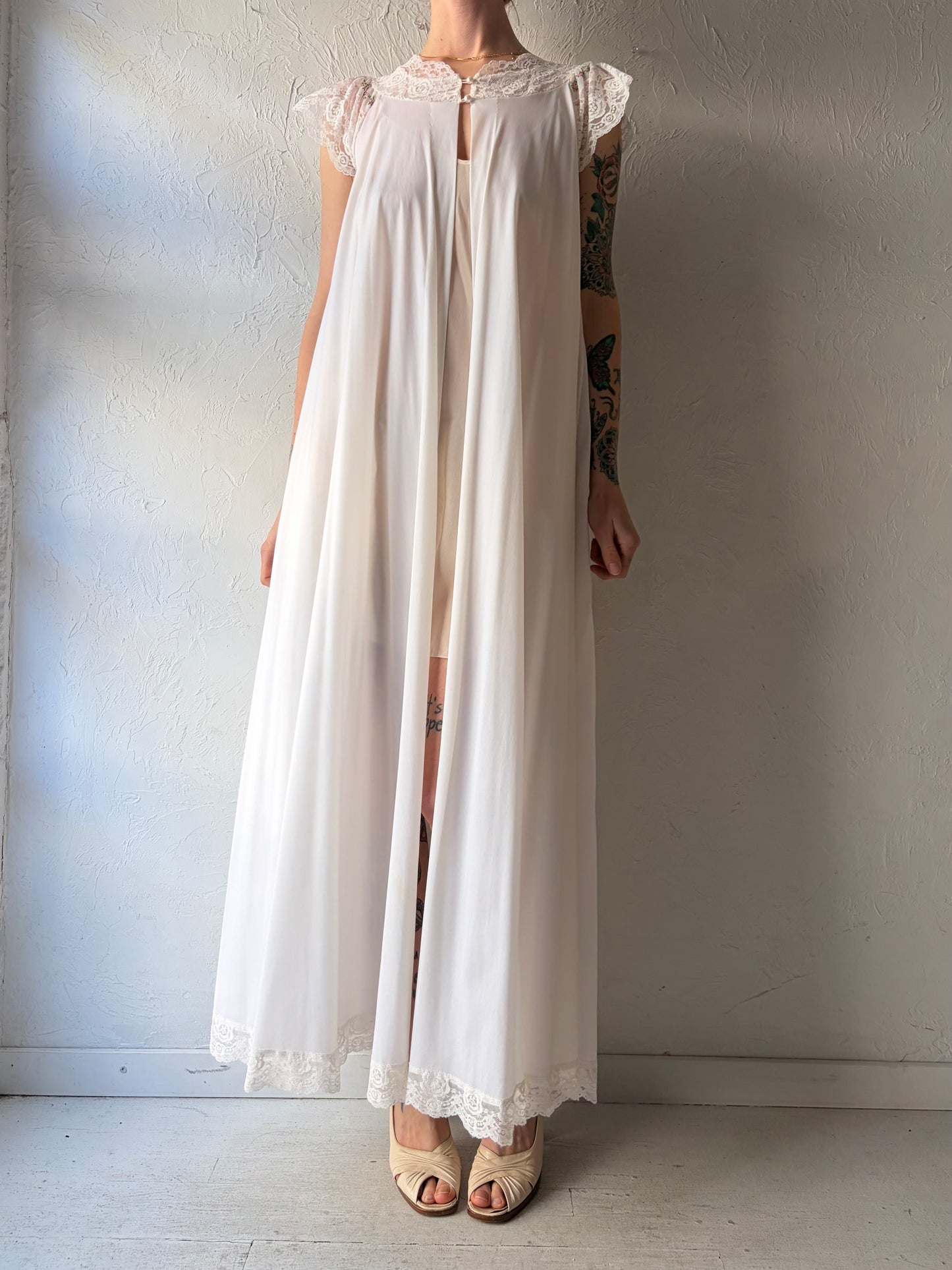 60s White Nylon Peignoir Robe / Small