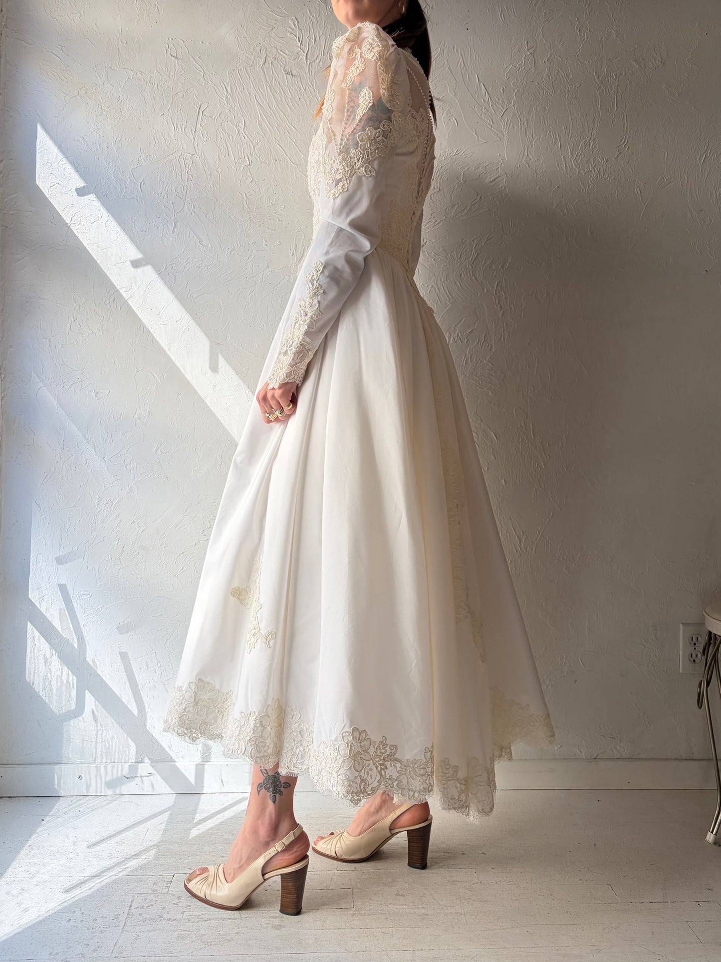 1980s White Long Sleeve Tea Length Wedding Dress / Small