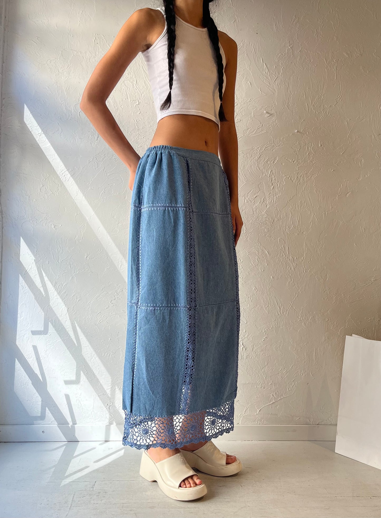 90s 'Kroshetta' Denim Maxi Skirt / Medium