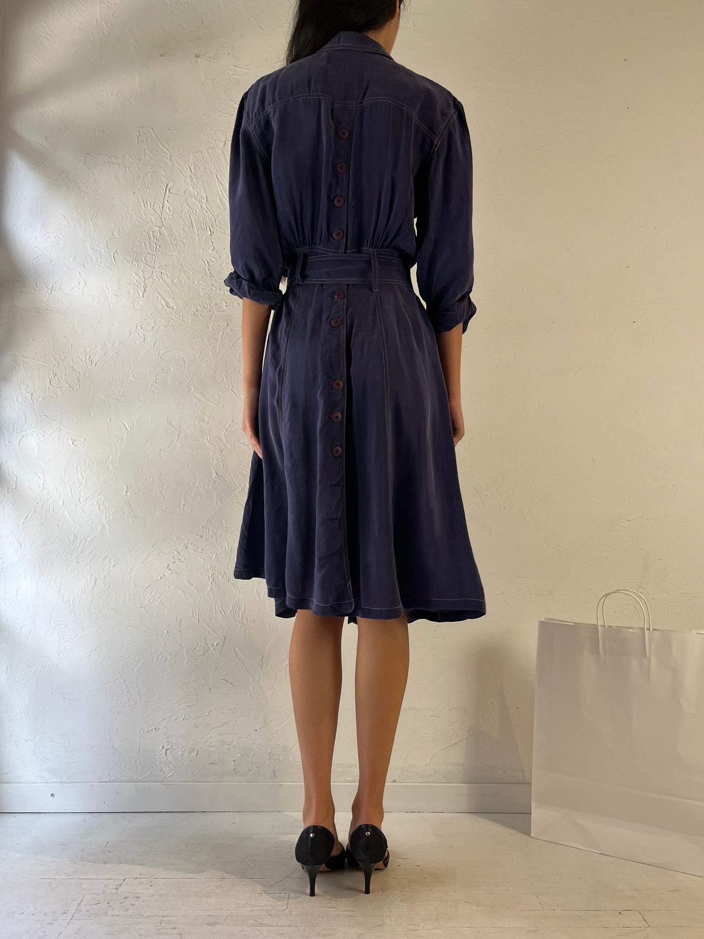 80s 'Karen Alexander' Navy Blue Silk Dress / Small