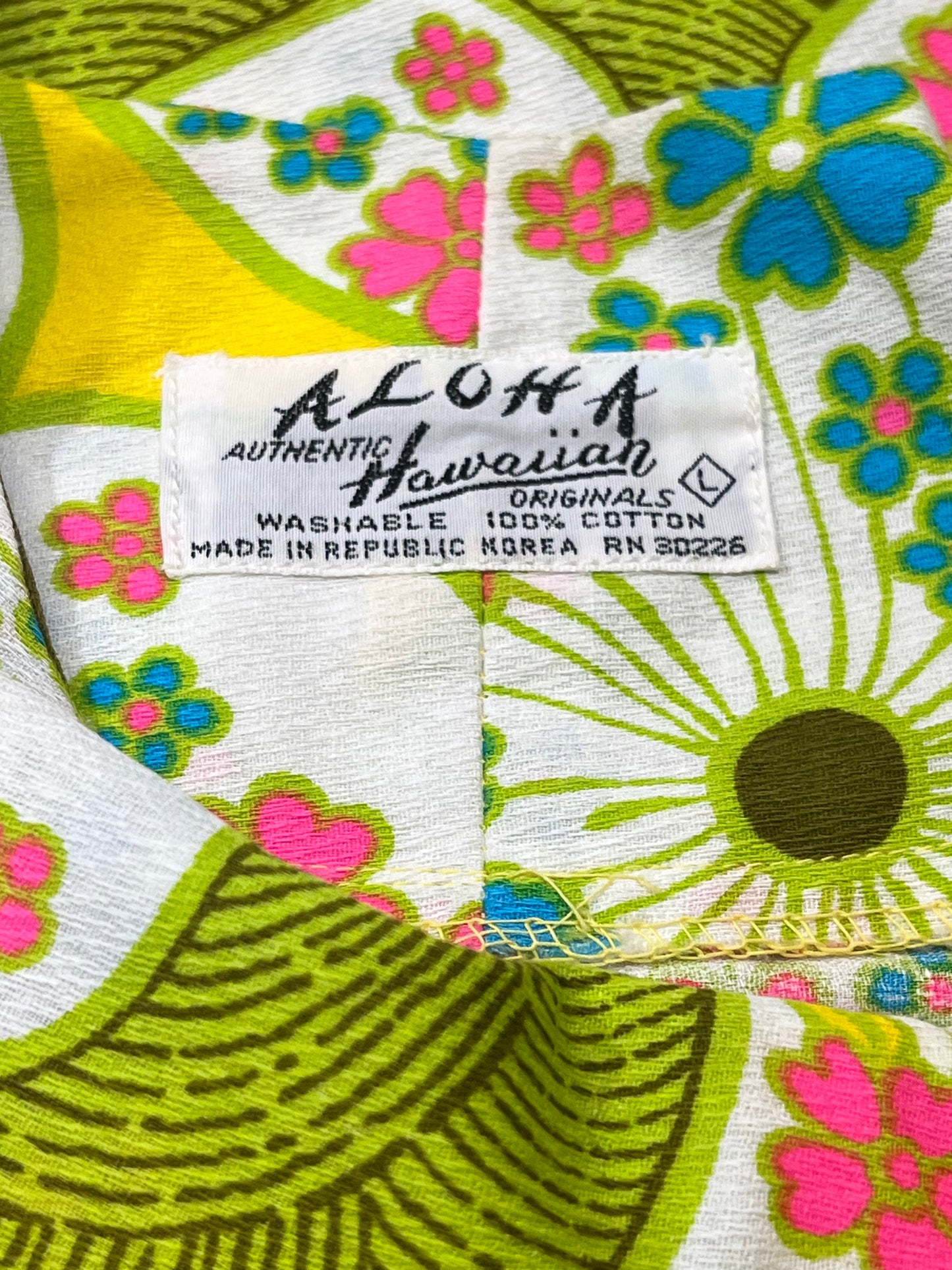 70s 'Aloha' Neon Green Cotton Mini Dress / Large