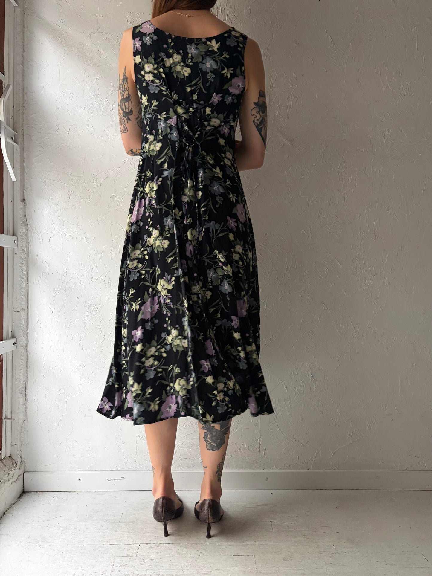 90s 'All That Jazz' Black Floral Print Grunge Spring Dress / Medium