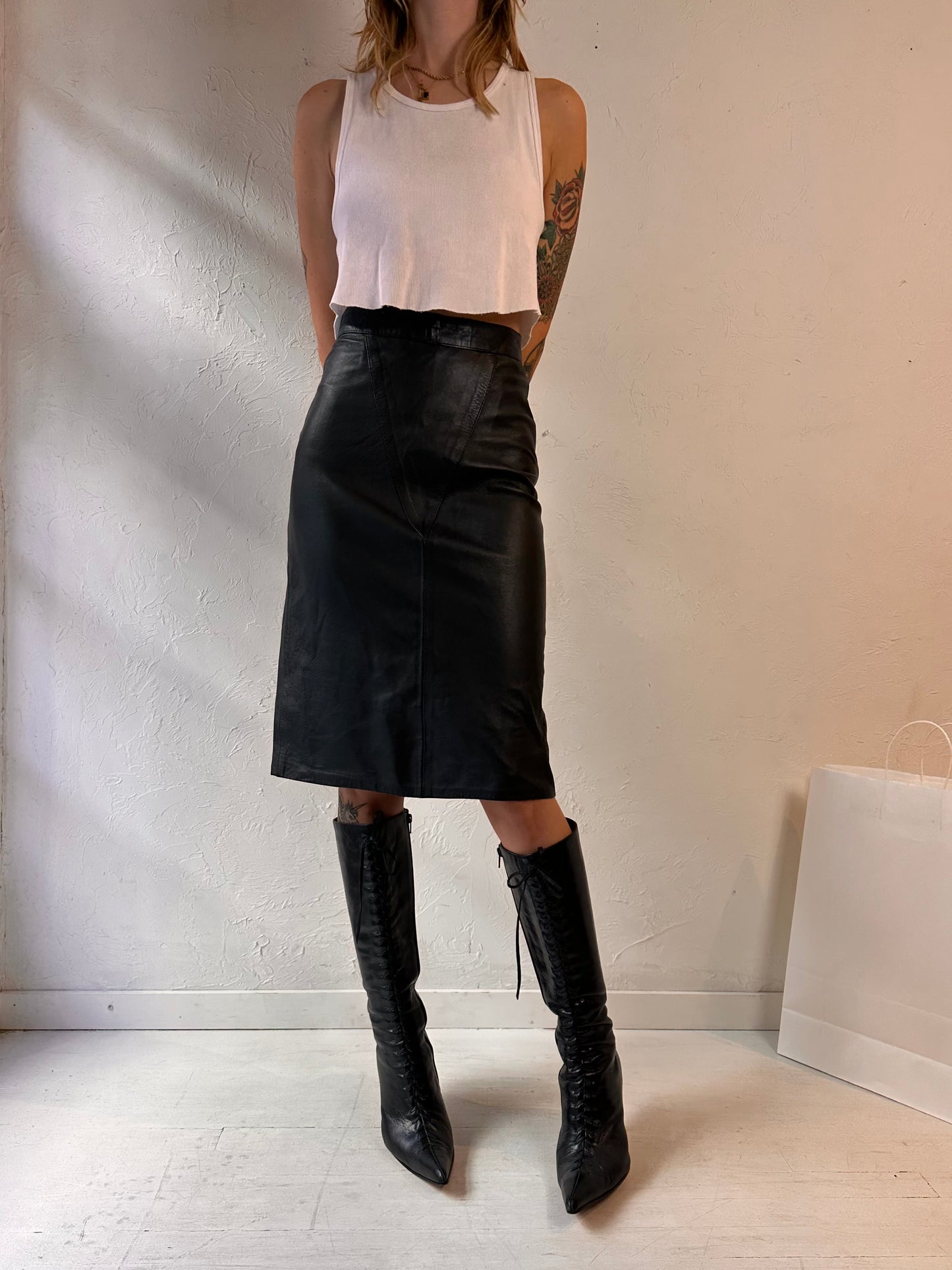 Vintage Handmade Black Leather Pencil Skirt / Small