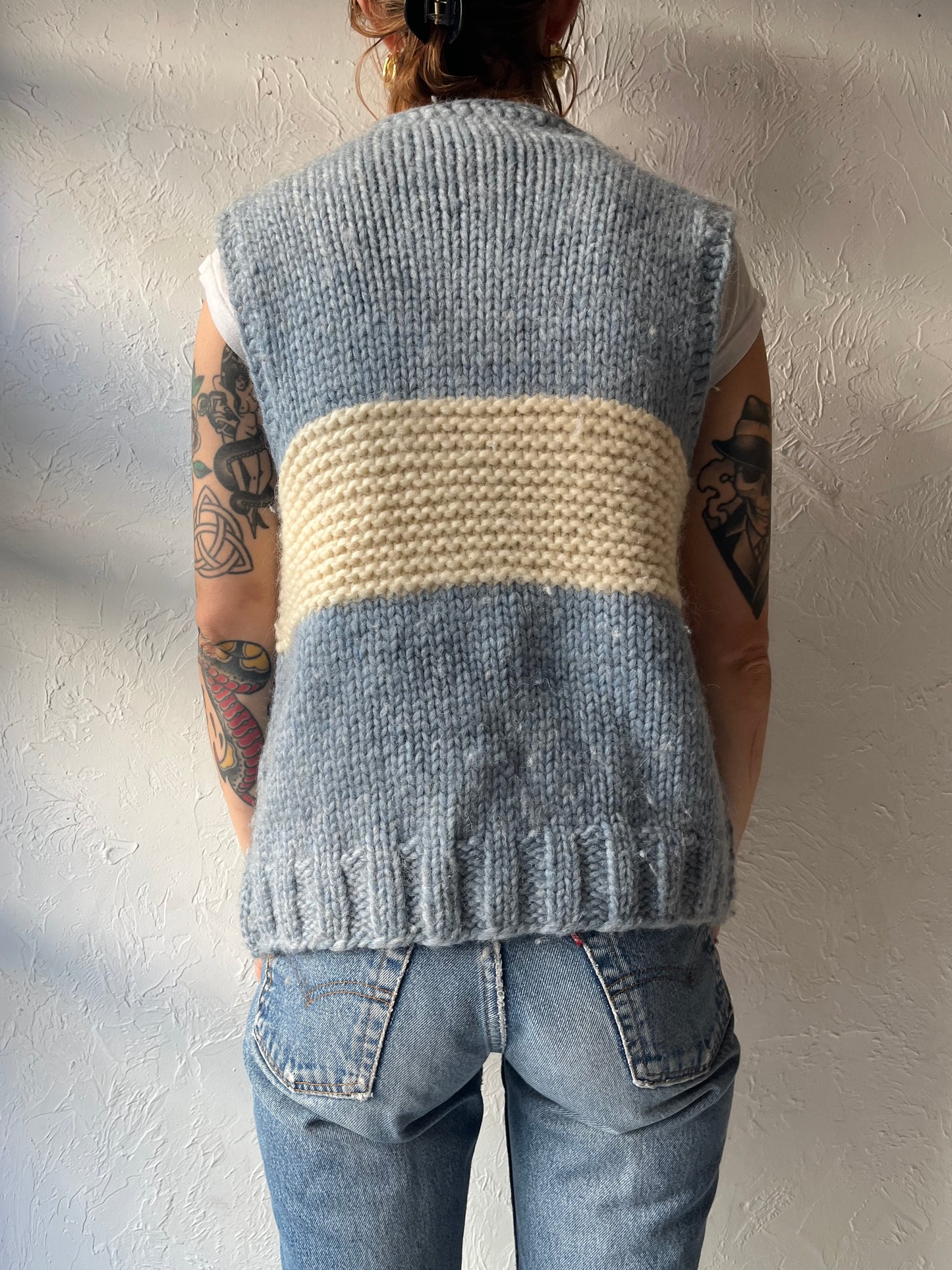 Handknit Blue & White Color Blocked Wool Cottagecore Sweater Vest / Medium