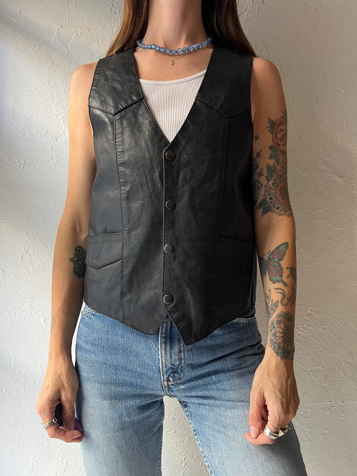 Vintage 'Highway Hawks' Harley Davidson Black Leather Moto Vest / Small