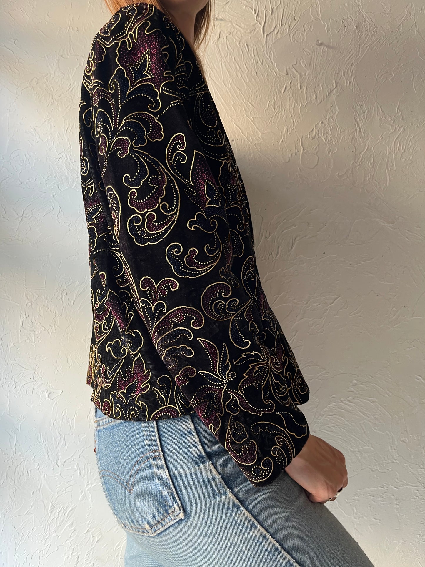 90s 'Trimmings' Black Velvet Floral Jacket / Medium
