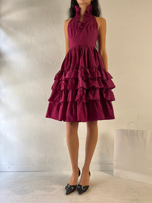 90s 'By Night' Plum Halter Ruffle Dress / Small