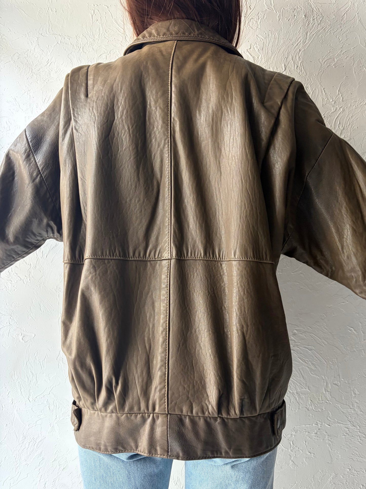 90s 'Le Chateau' Olive Green Leather Retro Bomber Jacket / Vintage 1990s Minimalist Street Wear Jacket / Medium/
