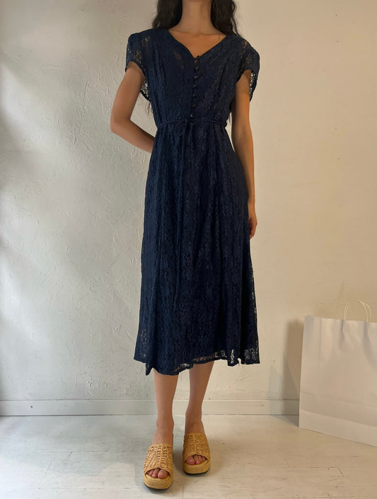 90s 'Joni Blair' Navy Blue Lace Dress / Medium