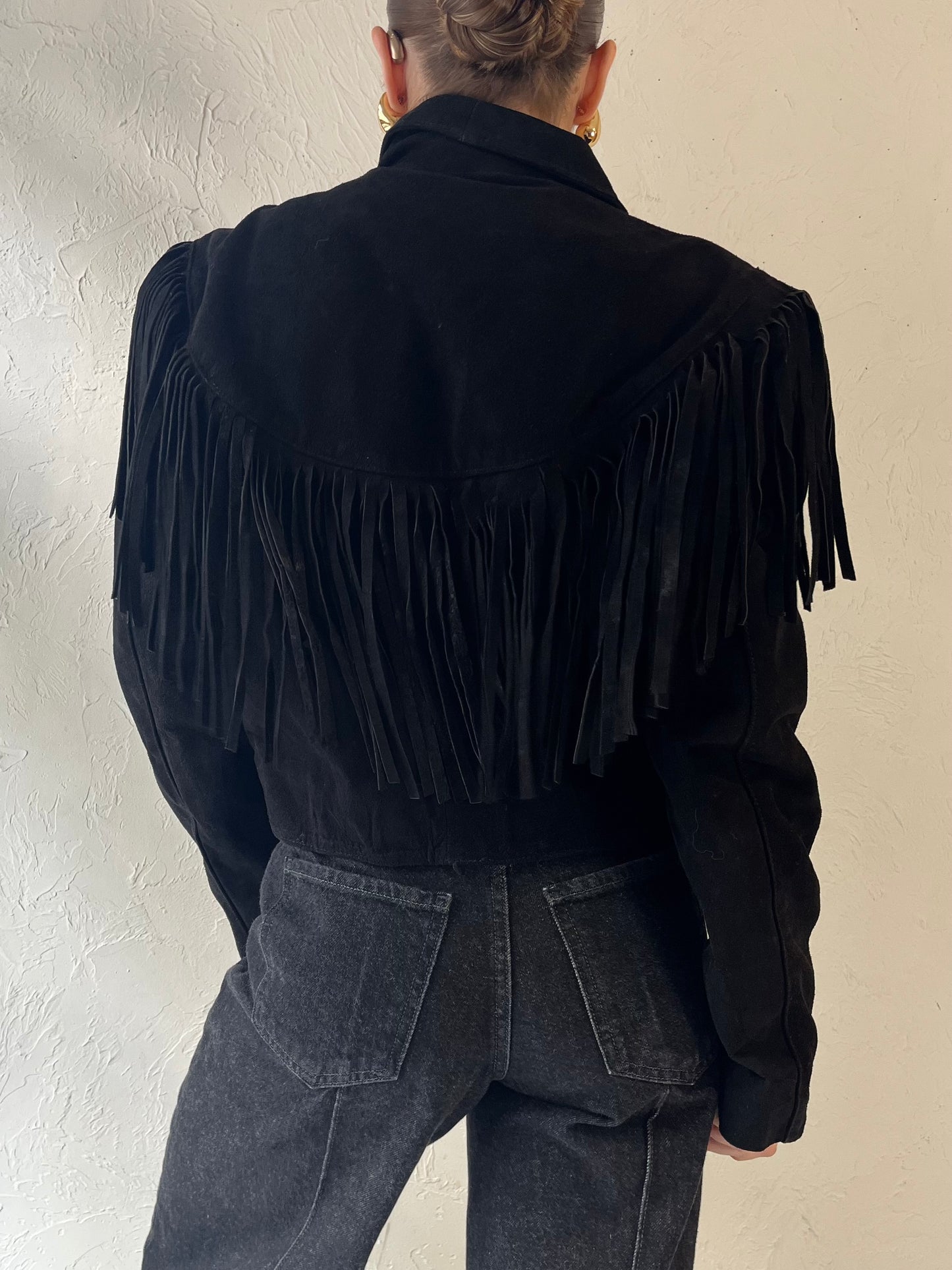 80s 'Genuine Leather' Black Suede Fringe Jacket / Medium