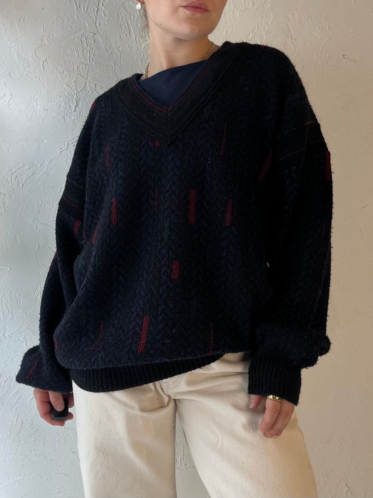 80s 'London Fog' V Neck Knit Sweater / Medium