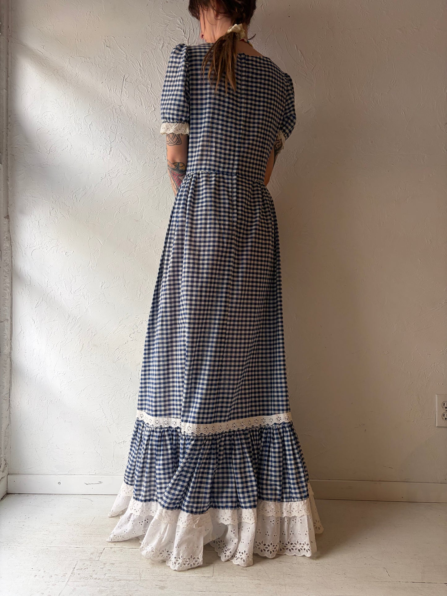 70s 'Late Mate' Blue Plaid Peasant Maxi Dress / Small