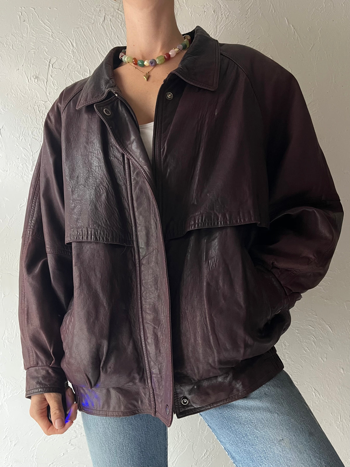 Vintage Burgundy Leather Bomber Jacket / Medium