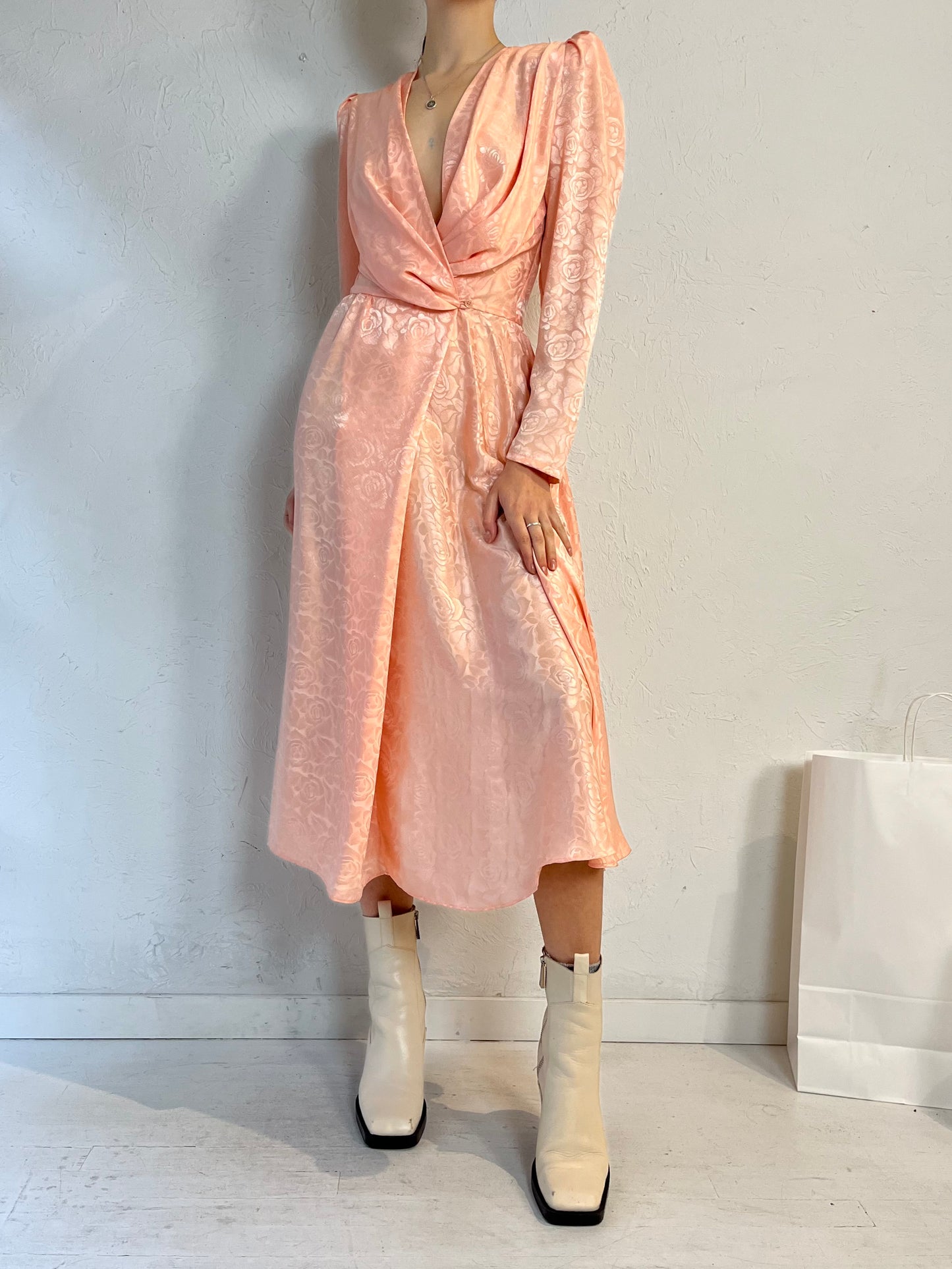 80s 'Roche De Paris' Pink Embossed Polyester Dress / Small