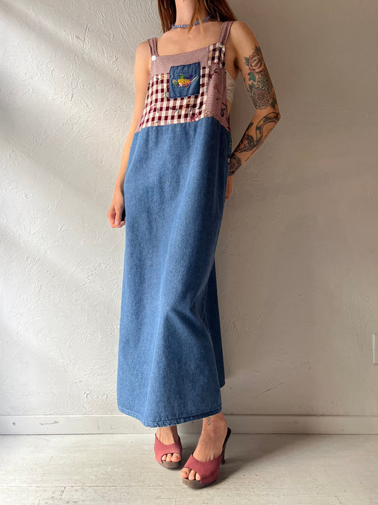 Y2k 'Teddi' Denim Gingham Pinafore Cottagecore Country Patchwork Summer Dress / Medium