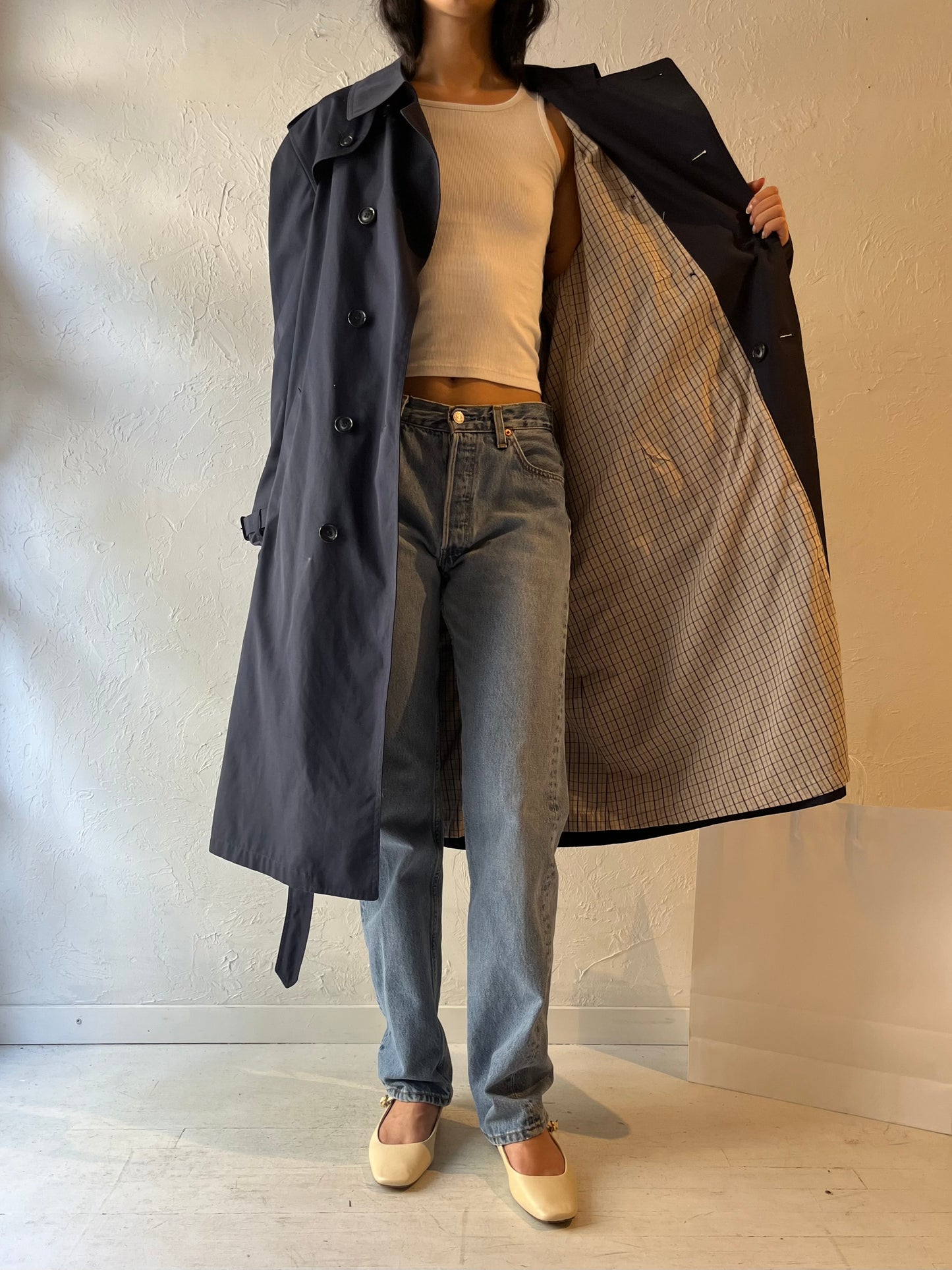 90s 'London Fog' Navy Blue Trench Coat / Large