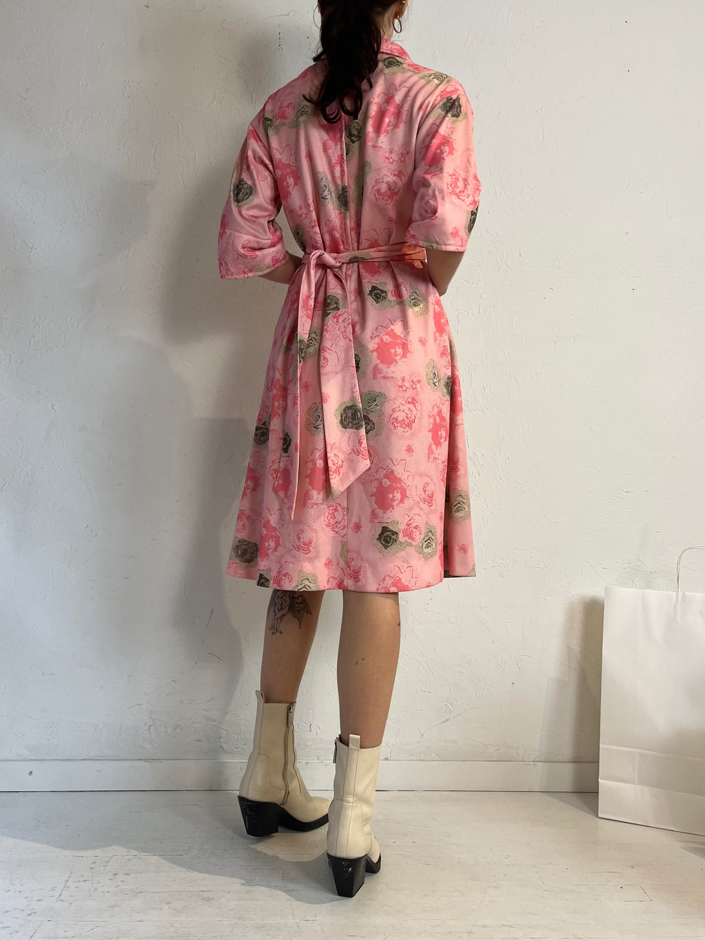 70s 'Nu Mode' Pink Floral Midi Dress / Medium