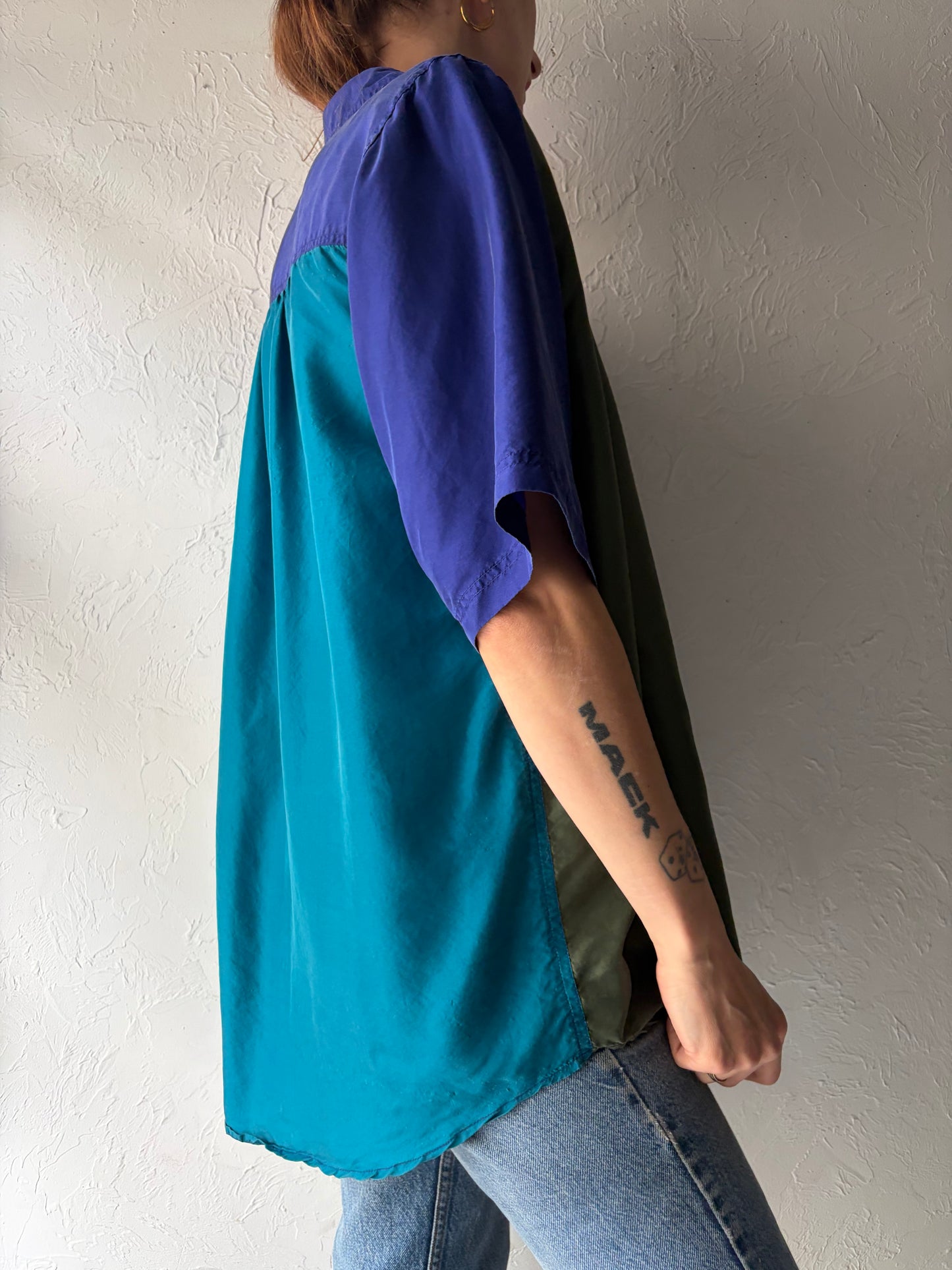 90s 'Fitting Image' Color Blocked Retro Silk Minimalist Normcore Button Up Shirt / Large
