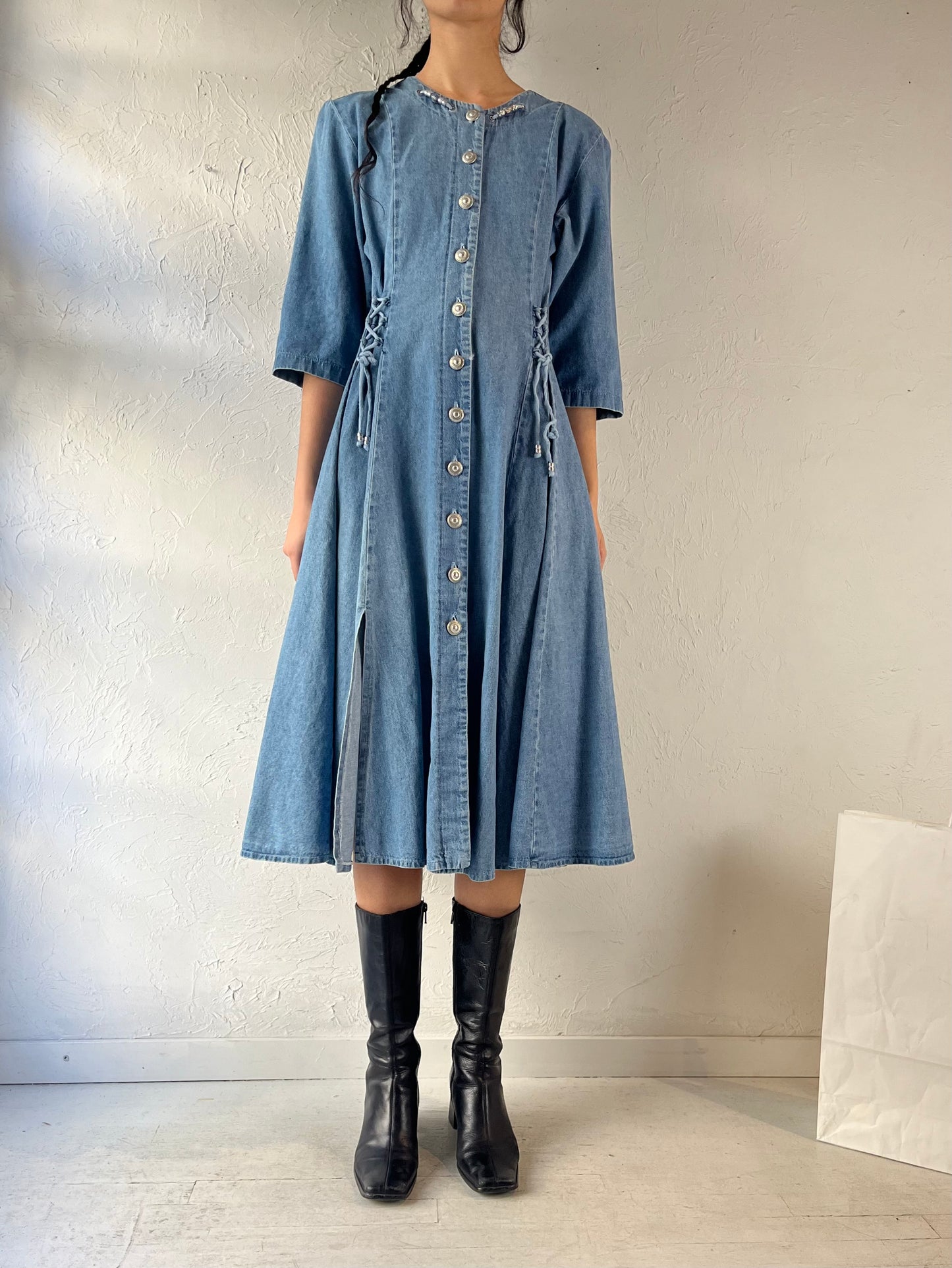 Vintage Western Button Up Denim Dress / Medium