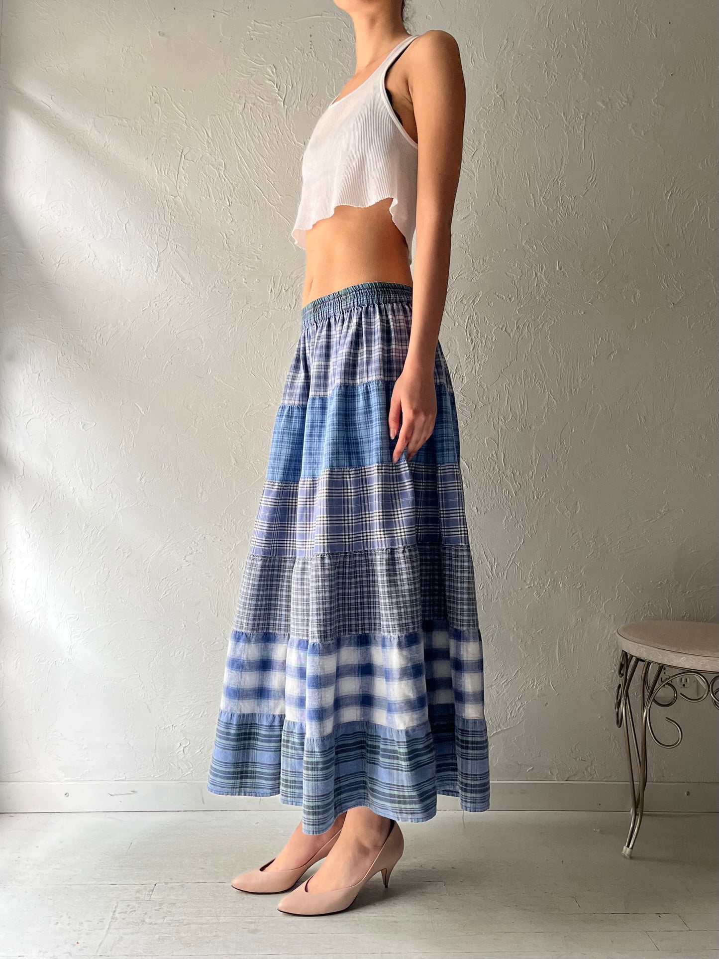 90s 'St Johns Bay' Blue Patchwork Cottage Core Maxi Skirt / Medium