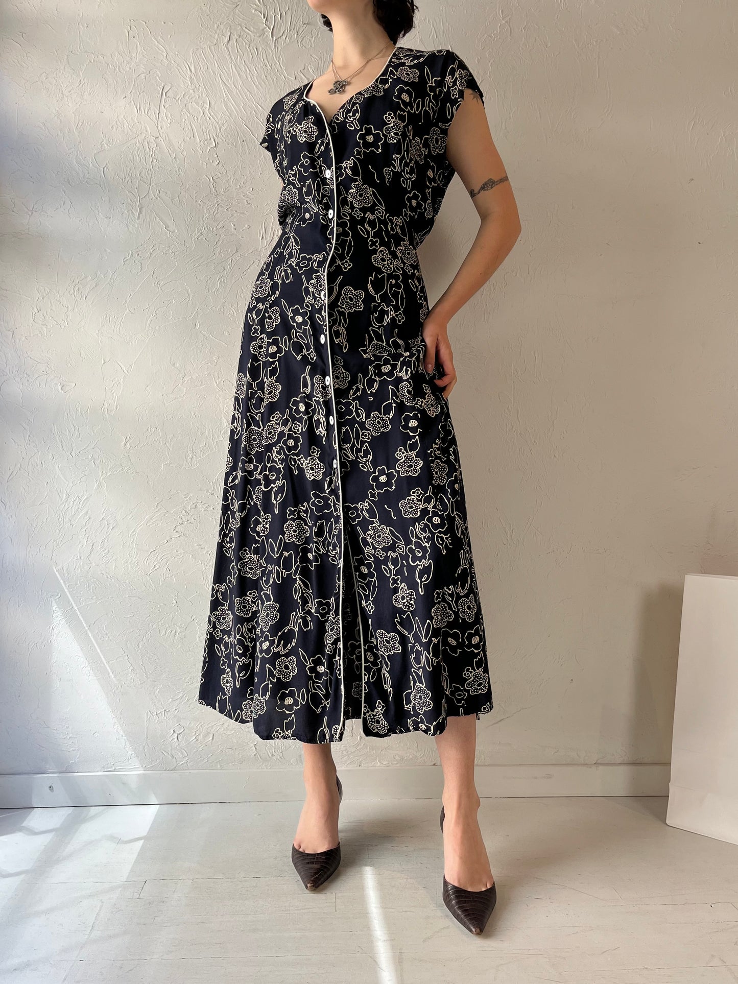 90s 'Nira Nira' Floral Print Rayon Dress / Large