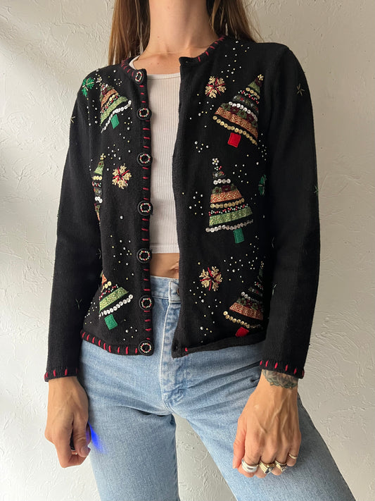 Y2k 'Studio Joy' Black Christmas Tree Embroidered Sequence Beaded Whimsical Grannycore Holiday Cardigan Sweater / Small