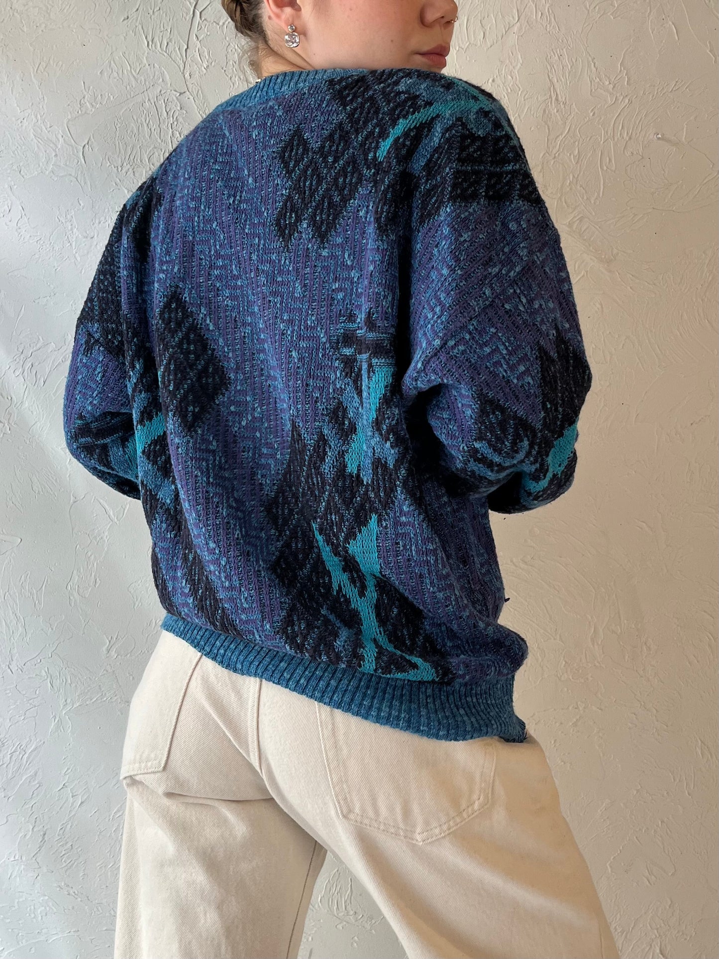 Vintage Blue Patterned Acrylic Knit Sweater / Medium