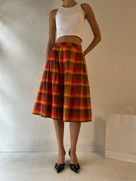 Vintage Red Plaid Midi Skirt / Small