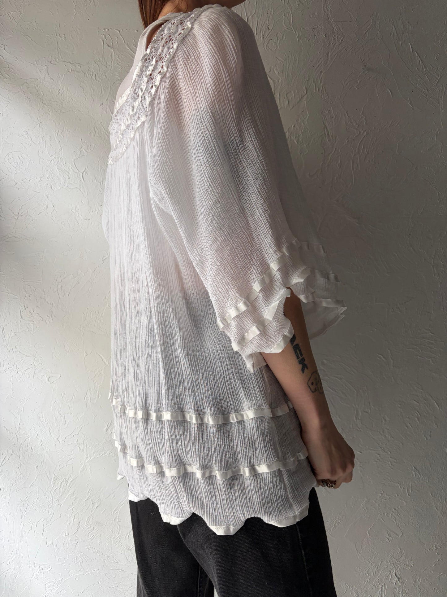 Vintage White Cotton Gauz Hippie Boho Crochet Top / Small