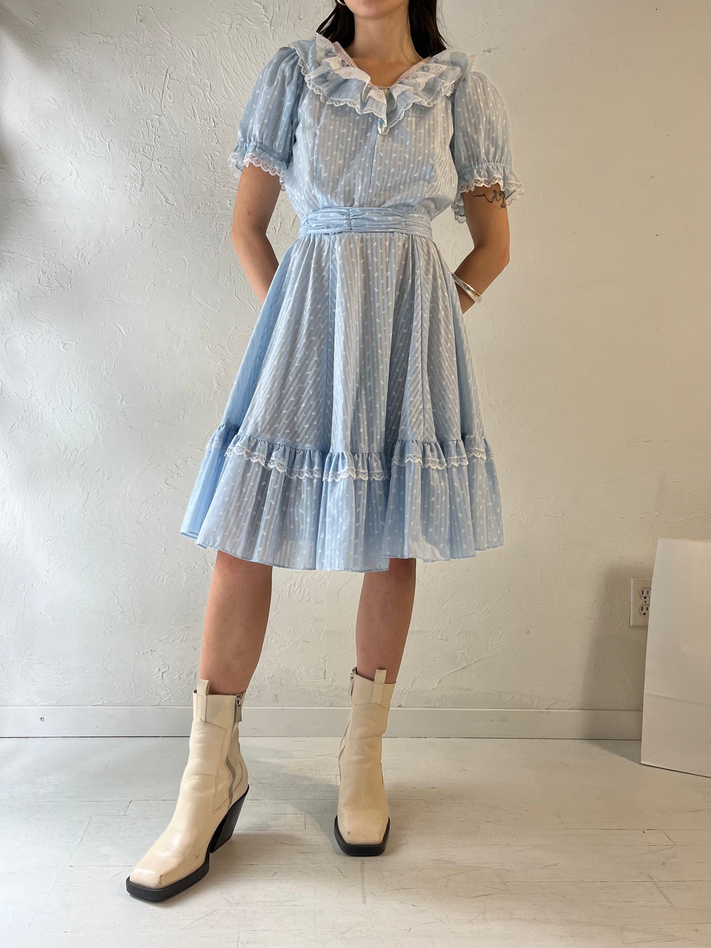 Vintage Handmade Blue Puff Sleeve Prairie Dress / Small