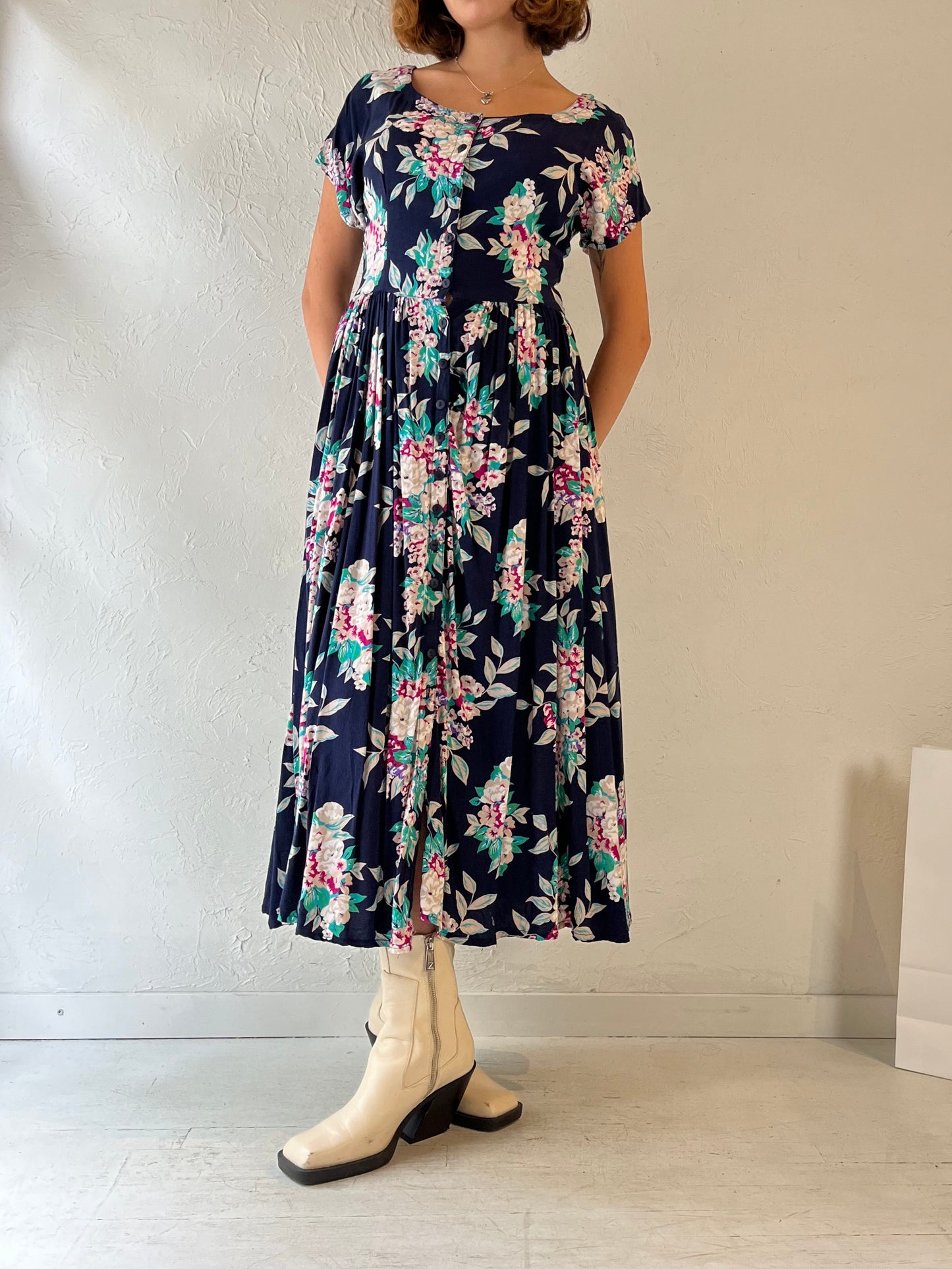 90s 'Cypress' Button Up Floral Print Dress / Medium