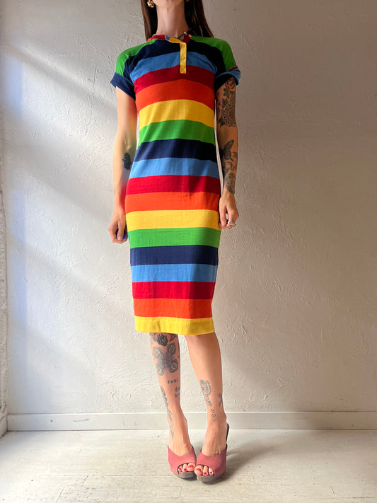Vintage Rainbow Striped Retro Mod Colorblock Summer Midi Dress / Small