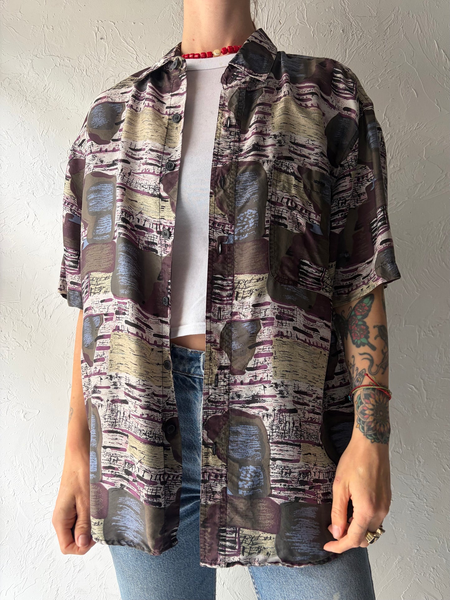 90s 'H.K.' Retro Pattered Minimalist Short Sleeve Button Up Shirt / Large