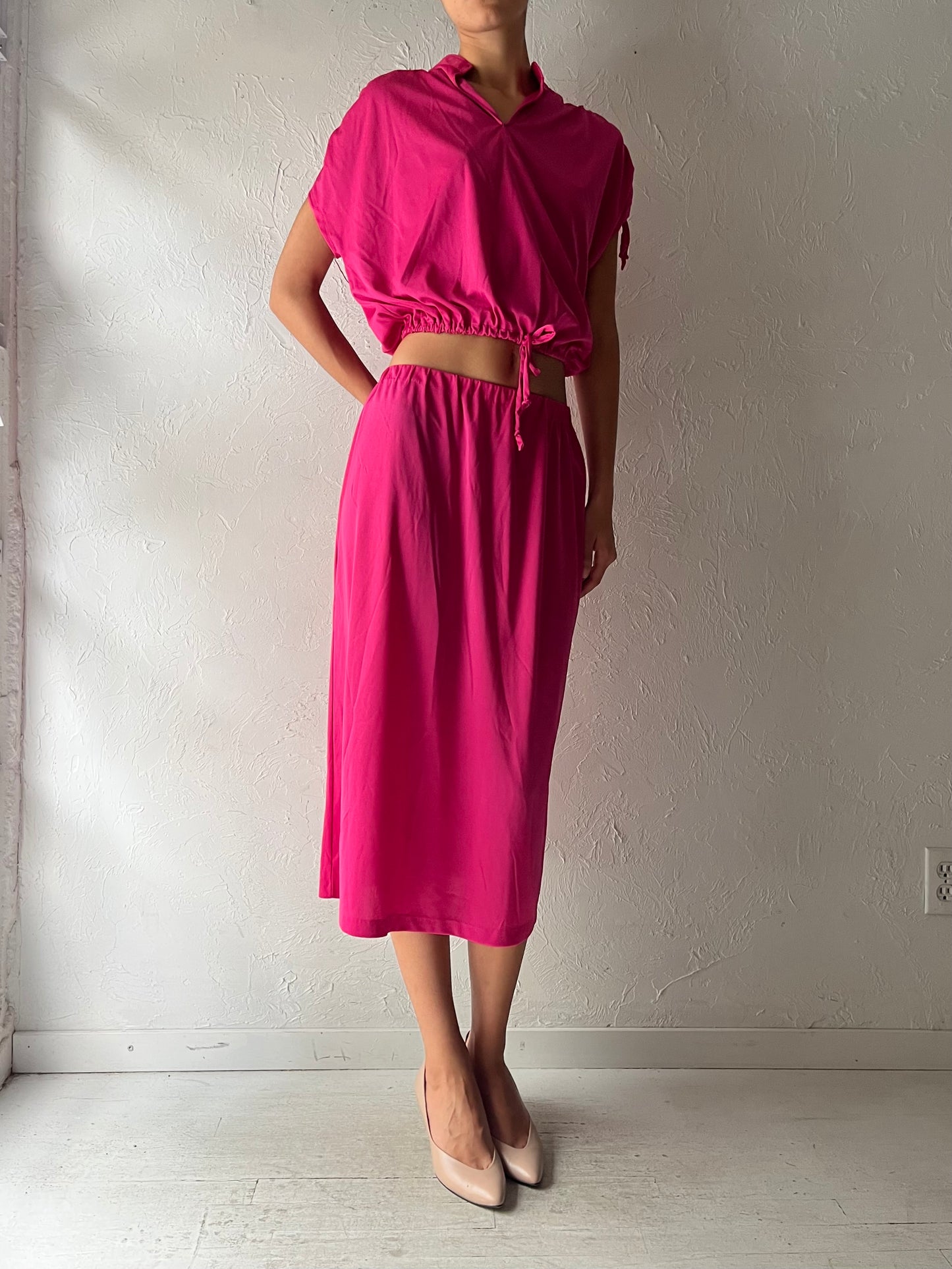 70s Hot Pink Two Piece Skirt Top Set / Small
