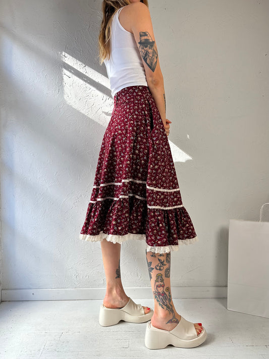 Vintage Handmade Burgundy Floral Peasant Skirt / Small