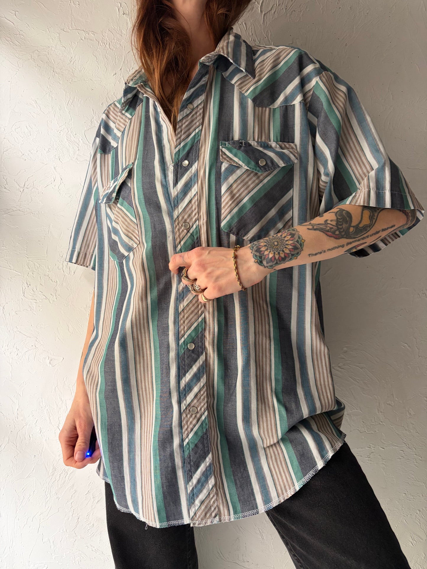 Y2k 'Wrangler' Striped Western Snap Up Short Sleeve Top / Vintage 2000s Cowboy Workwear Top / XL