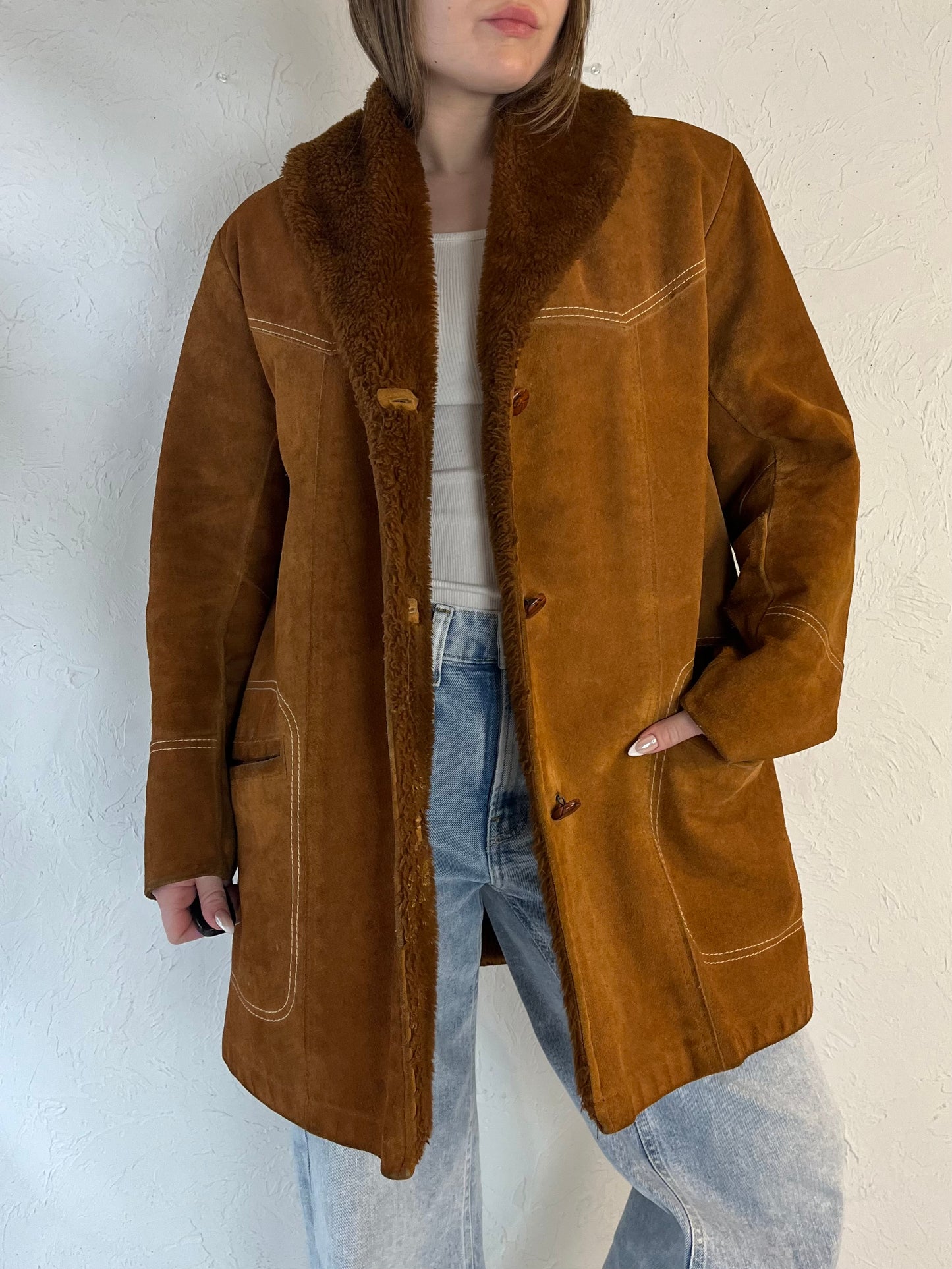 80s ‘Pioneer Wear’ Tan Faux Fur Lined Suede Jacket / Medium