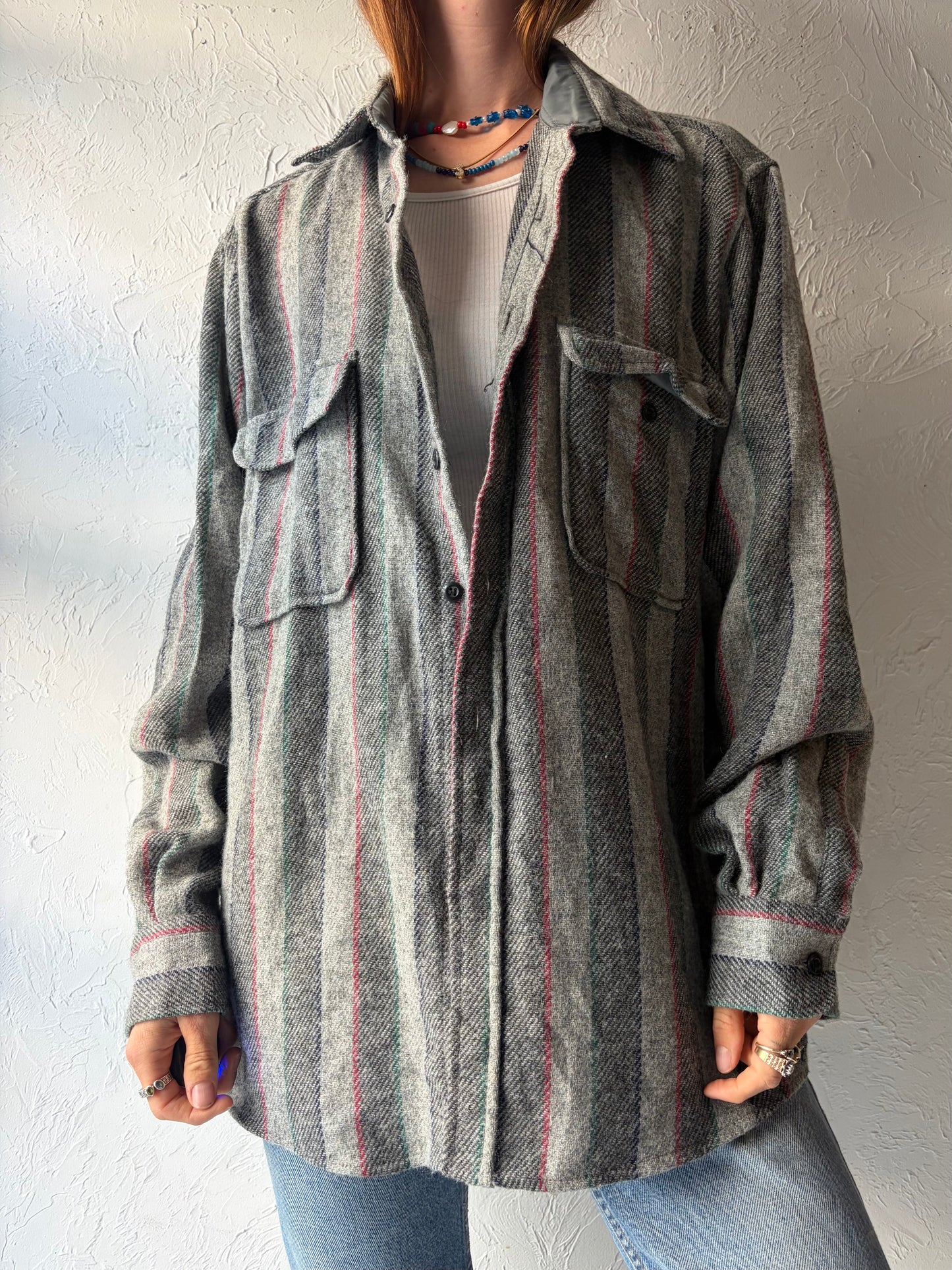 90s 'Fieldmaster' Grey Striped Workwear Button Up Knit Shirt Vintage Grunge Normcore Men's Collared Shirt / Large